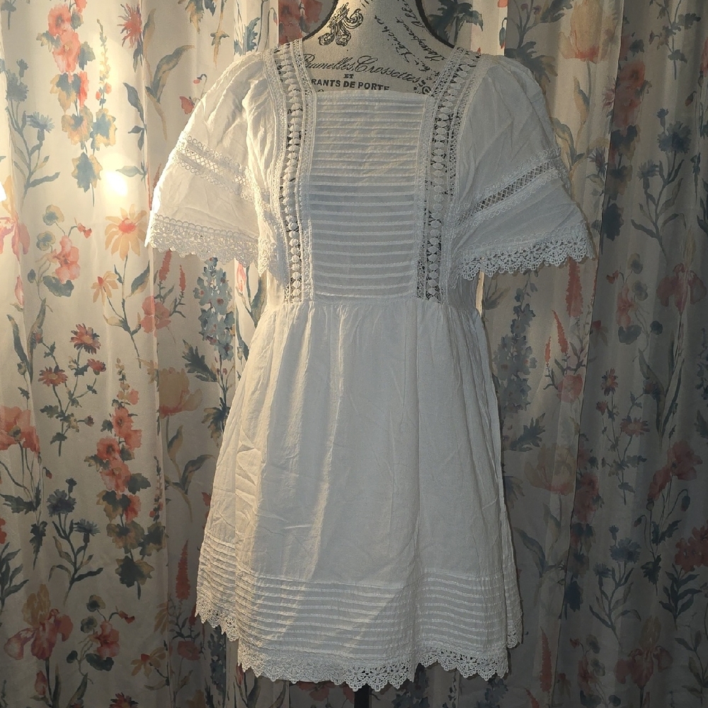 White Lace Pintuck Babydoll Dress